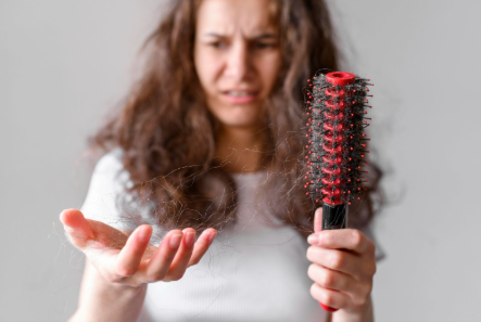 A Woman looking at her fallen Hair.